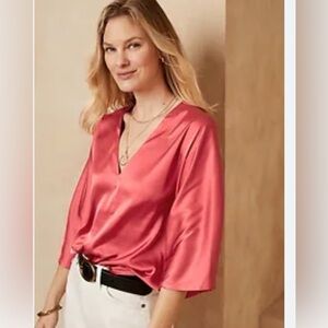 Banana Republic Factory Satin V-Neck Dolman Sleeve Top Rose/Coral Medium Petite